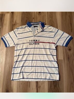 Tommy Hilfiger White Polo with Blue Stripes and Red Accent